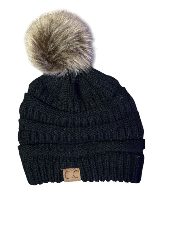C.C Accessories - C.C Adult Black Knit Pom Beanie with Faux Fur Pom